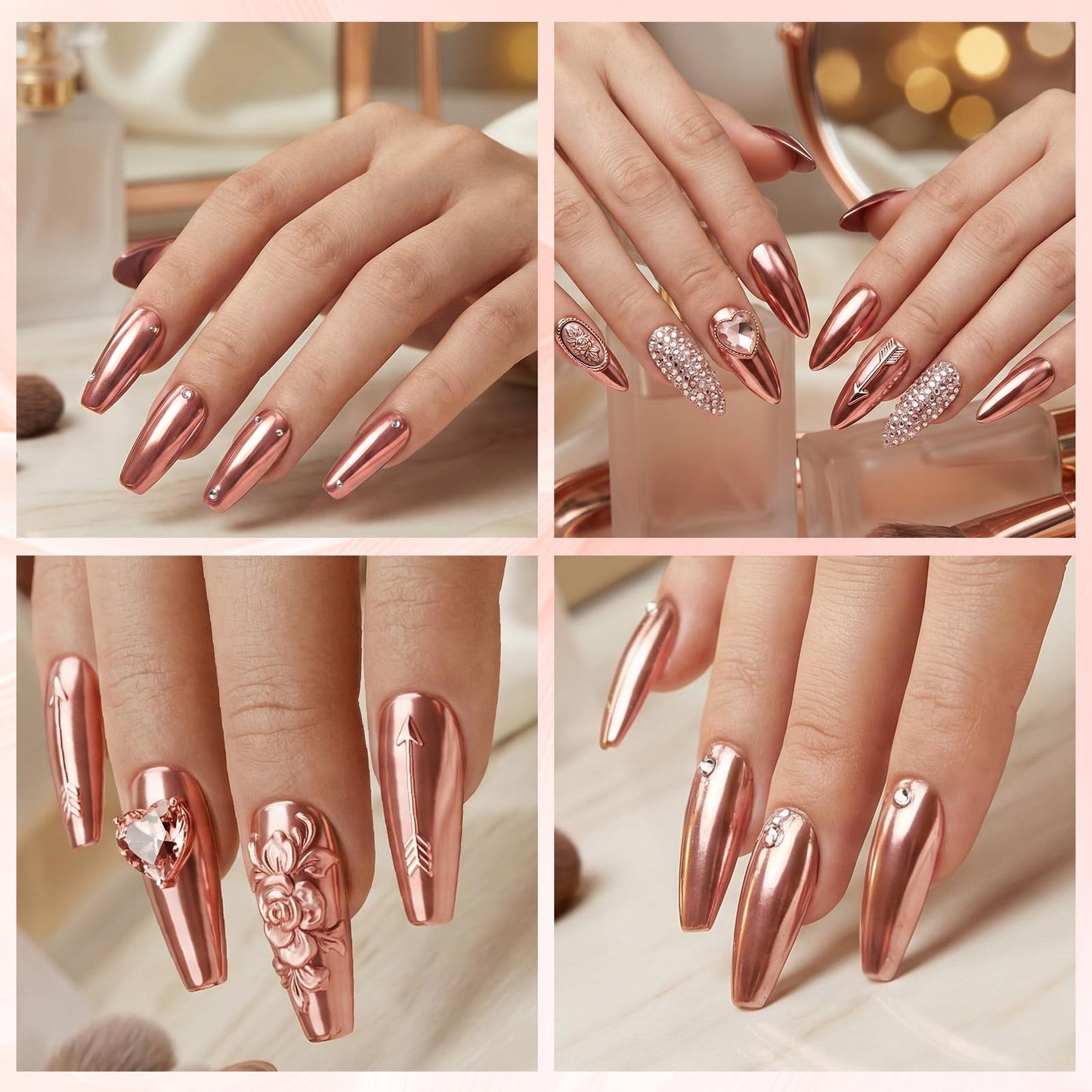 FNNZ Chrome Nail Powder, Rose Gold Metallic Nail Powder, Pigment Premium Mirror Chrome Nail Powder Mirror Effect Salon Nail Art Glitter Dust for Gel Polish Decoration Home DIY Nail Manicure