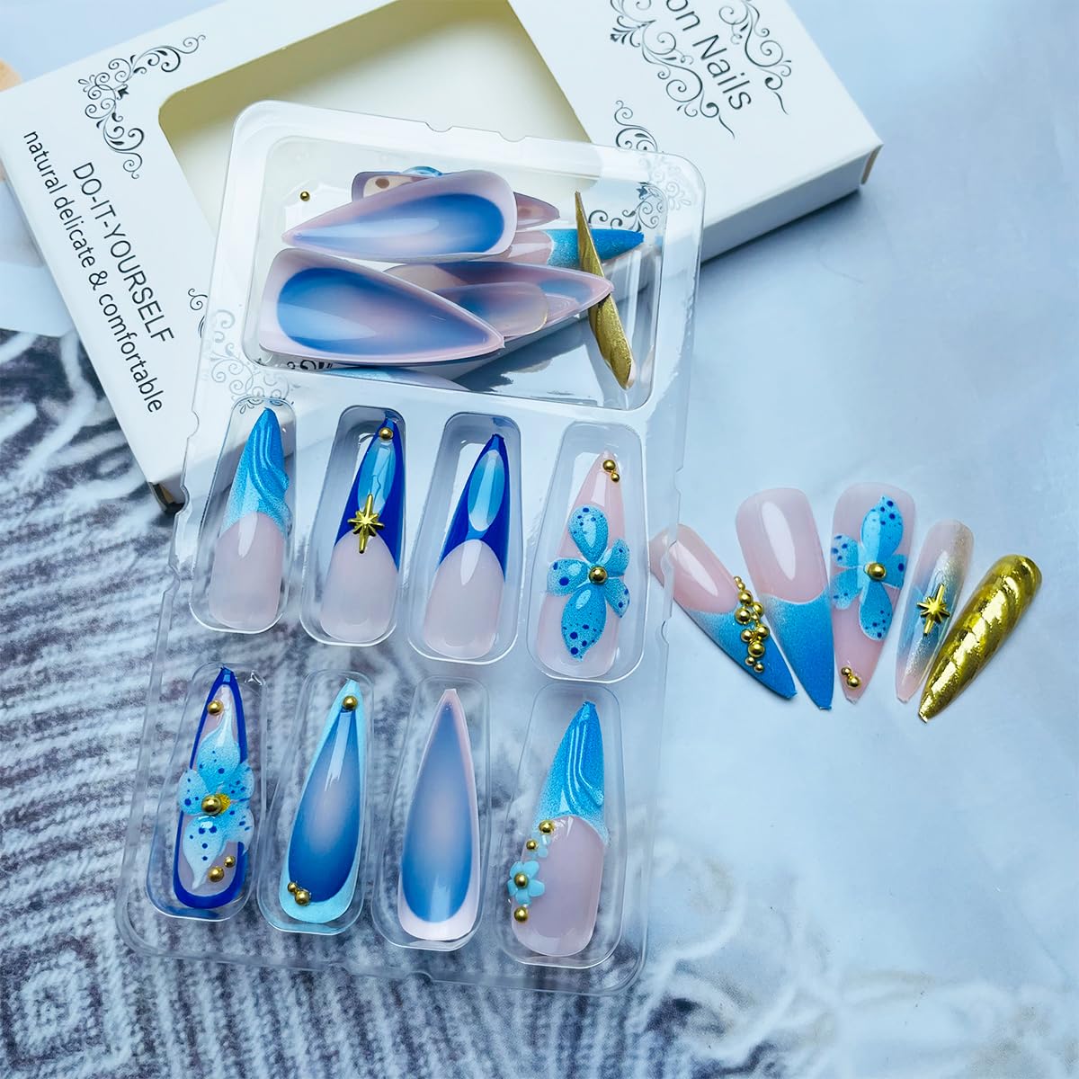 24Pcs Blue Flower Press on Nails Long Stiletto Fake Nails with Gold Rhinestones Design Almond Nails Press ons French Tip False Nails Full Cover Summer Glue on Nail Handmade Acrylic Nail for Women