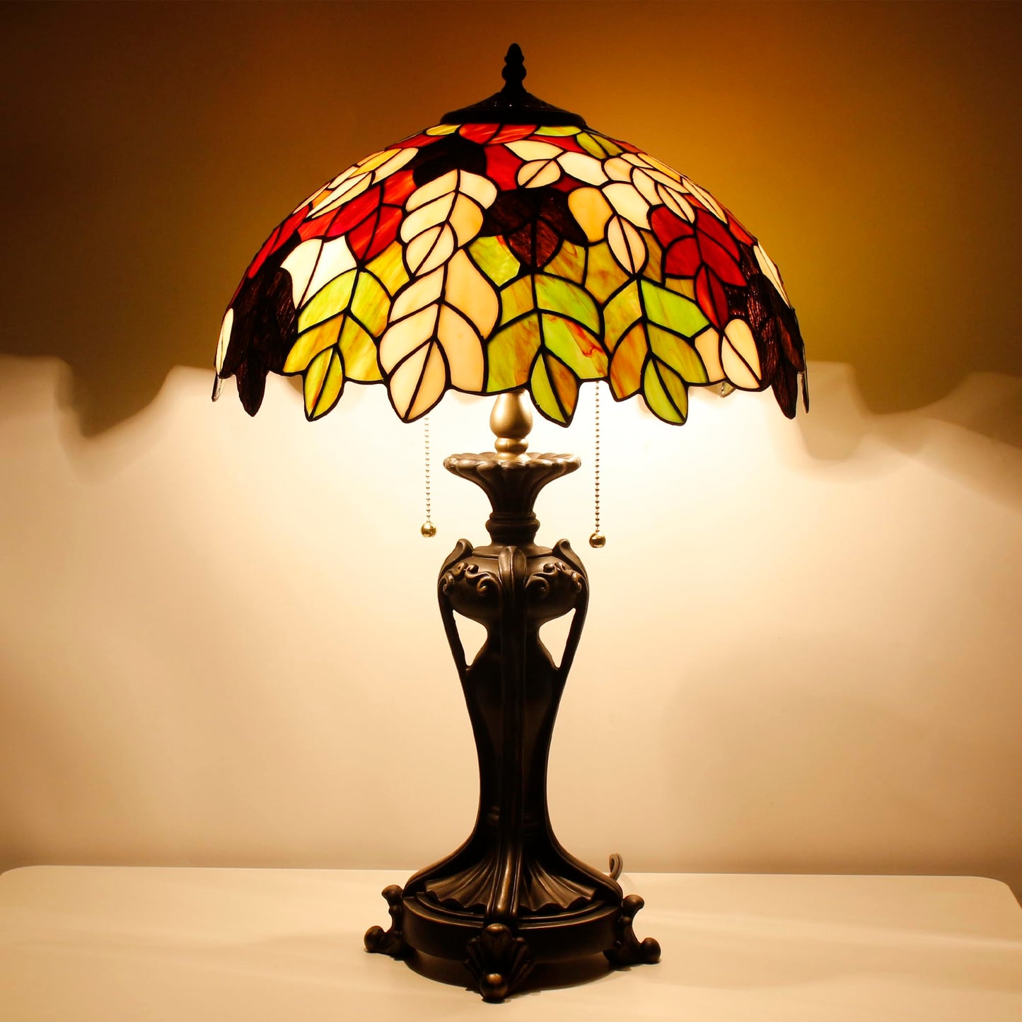 ANYONGLU Tiffany Lamp(2 Lights) Stained Glass Table Lamp Bedside Desk Reading Light 16X16X24 Inch Decor Bedroom Living Room Home Office (Maple Leaf)