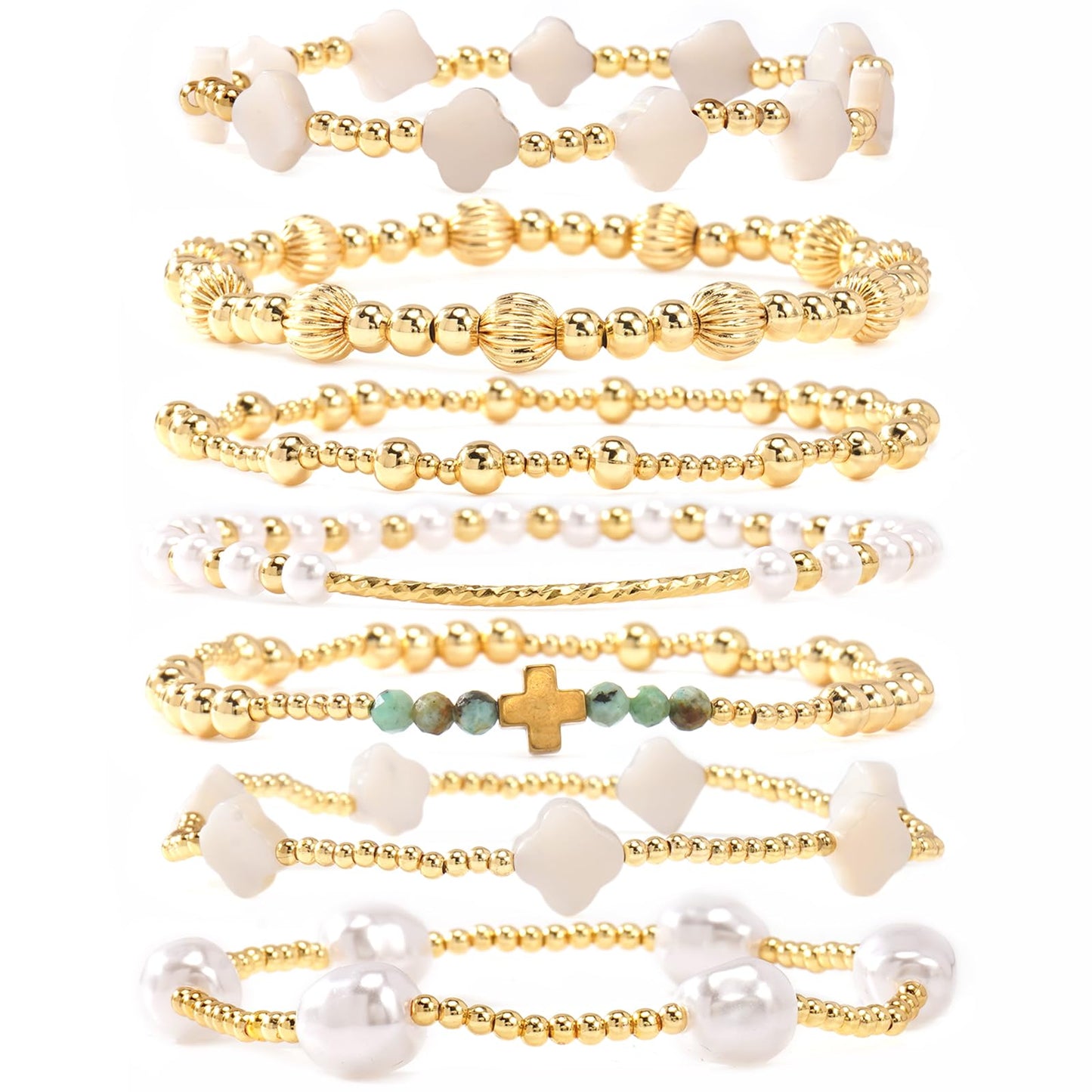 SHINUS BOHO 14K Gold Beaded Cross White Clover Pearl Stackable Bracelets for Women,7PCS Handmade Gold Beads Stretch Bracelets Stack Fashion Holiday Prom Jewelry Accessories Mothers Day Gifts Gift Friendship