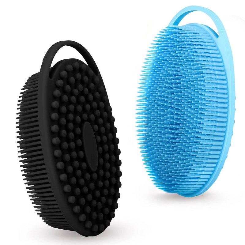 Silicone Loofah Body Scrubber for Shower - 2 PCS Soft & Gentle Loofah Alternative for Sensitive Skin, Fast-Drying & Hygienic Body Wash Scrubber Brush for Women, Men & Kids, Lather Well(Black and Blue)