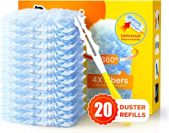 Heavy Duty Duster Refills for Swiffer Duster, 20 Count Duster Refills with 1 Handle, Multisurface 360Â° Dusters with 4X Microfibers, Unscented Disposable Dusters for Cleaning