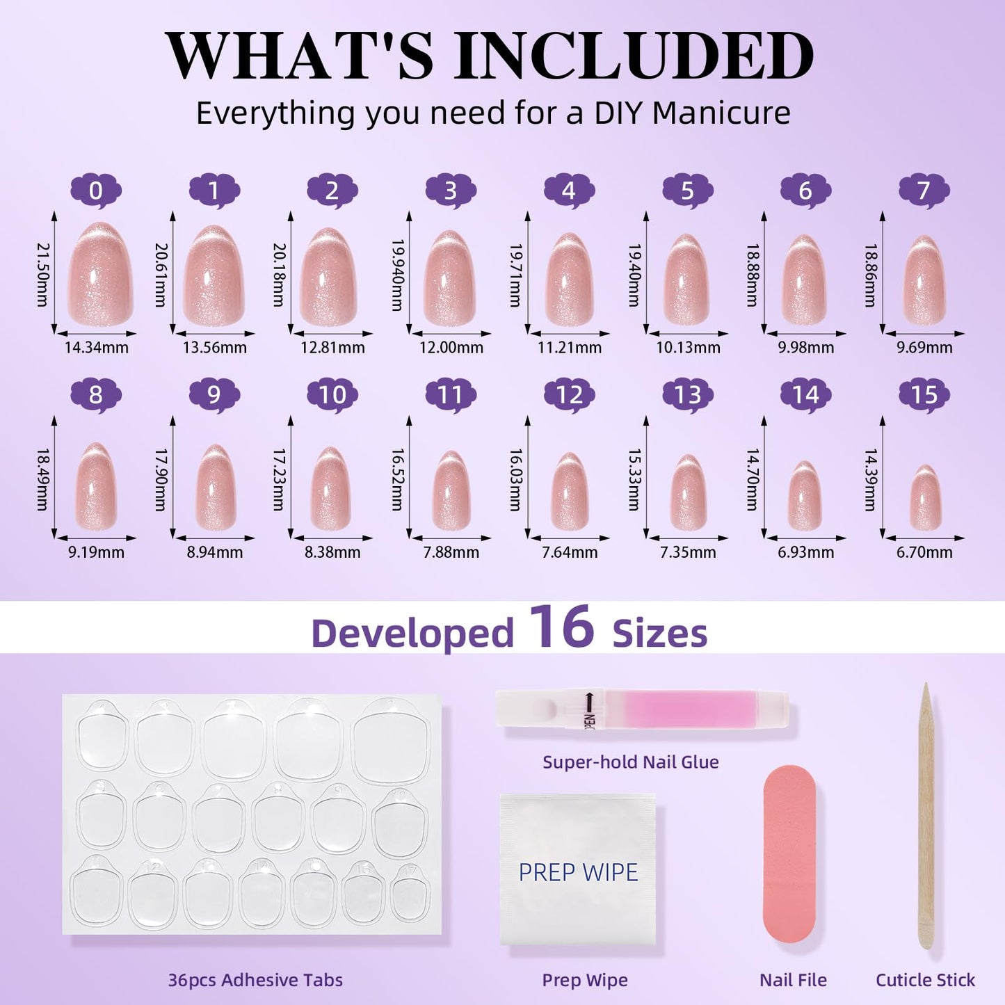 Pink Cat Eye Press On Nails - Short Almond Cat Eye French Tip Press On Nails Press Ons for Women Fake Nails with Glue, Glossy Reusable Glue on Nail in 16 Sizes - 32pcs