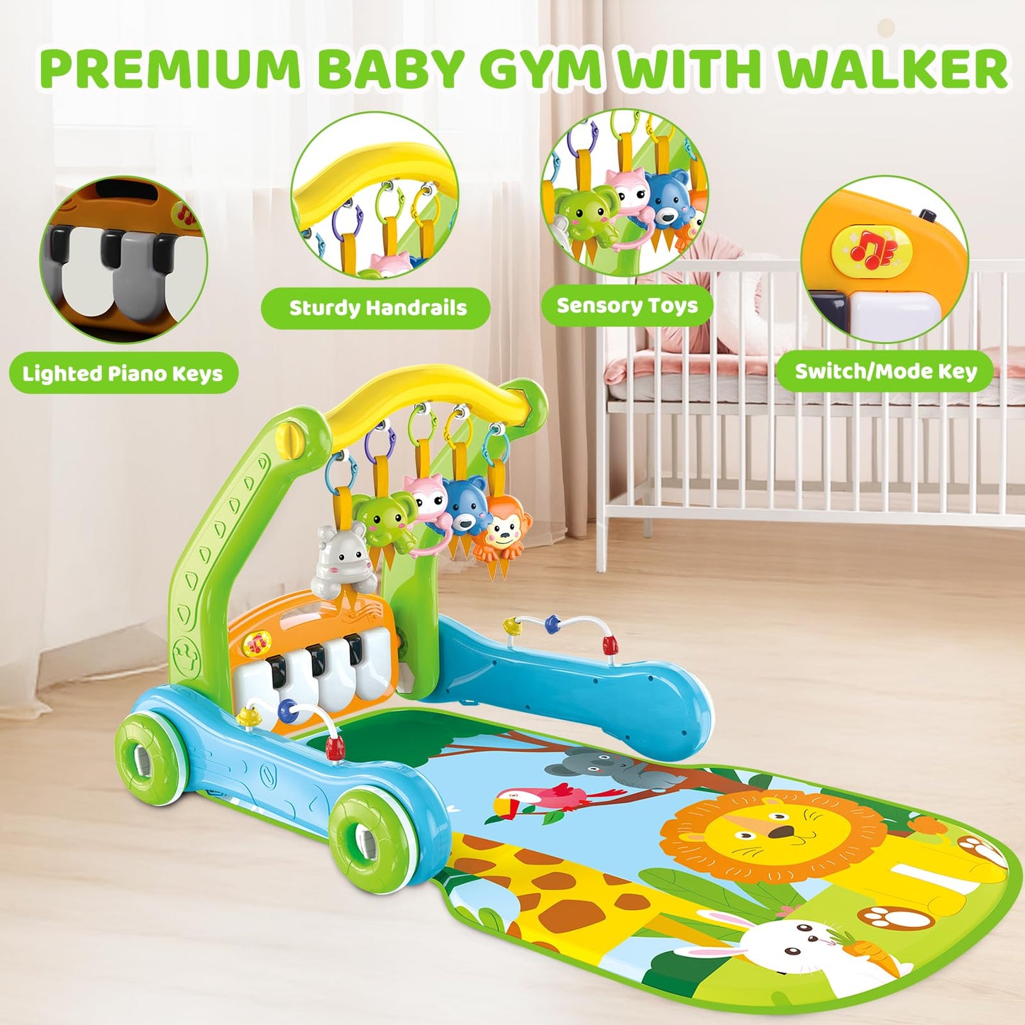 4-in-1 Baby Gym Play Mat with Learning Walker, Tummy Time Mat & Baby Push Toys for Newborn Infant 0-3-6-9-12 Month Boy Girl, Babies Activity Center with Play Piano & Lights, Ideal Toddler Baby Gifts