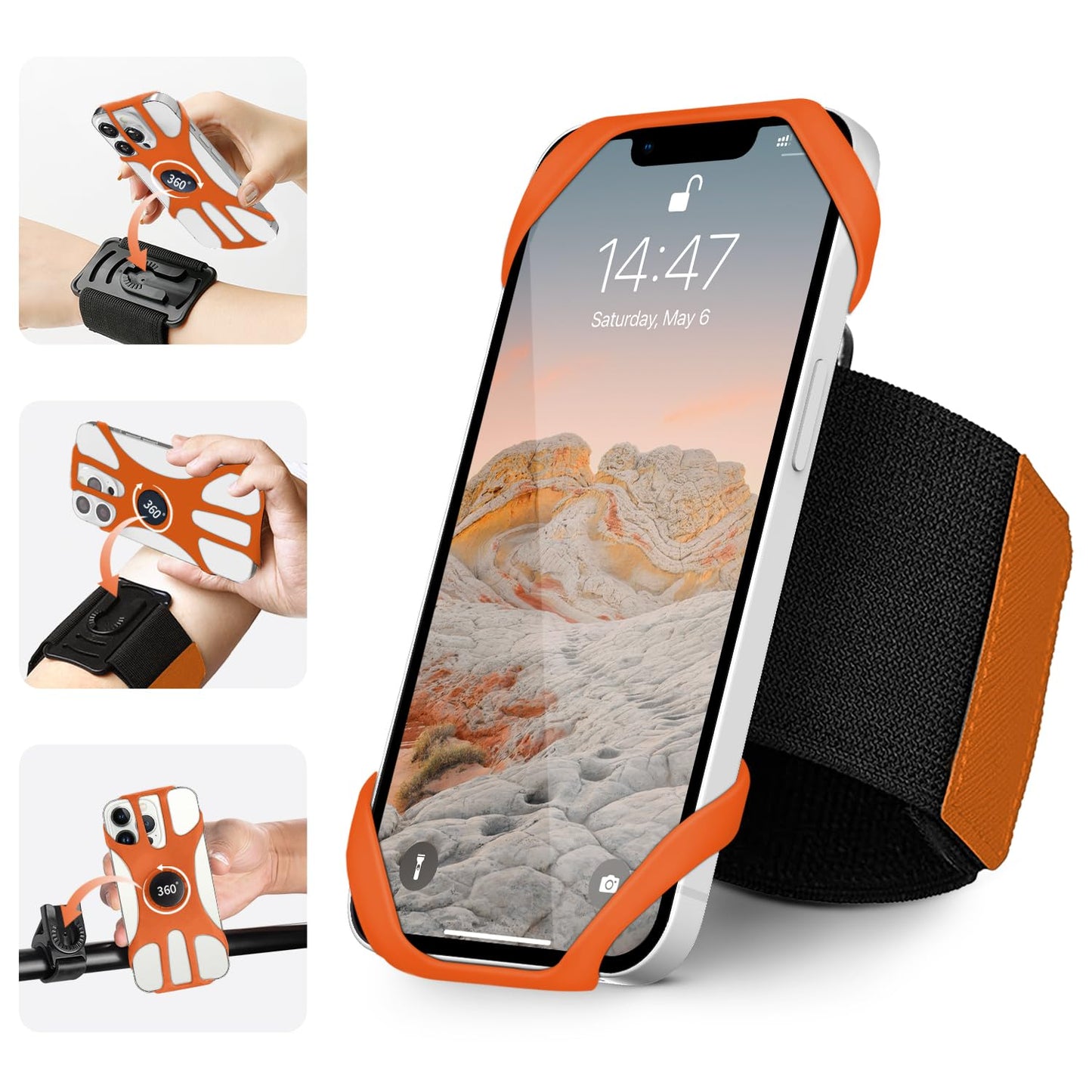 HLOMOM 3in1 Phone Holder for Running,Arm Band/Wrist Holder/Bike Mount,Phone Armbands 360° Rotation & Detachable Fit All 4.5-7" Phone for iPhone 17/16/15/Pro/14/13/12/mini/Pro Max/XS/XR (Orange)"