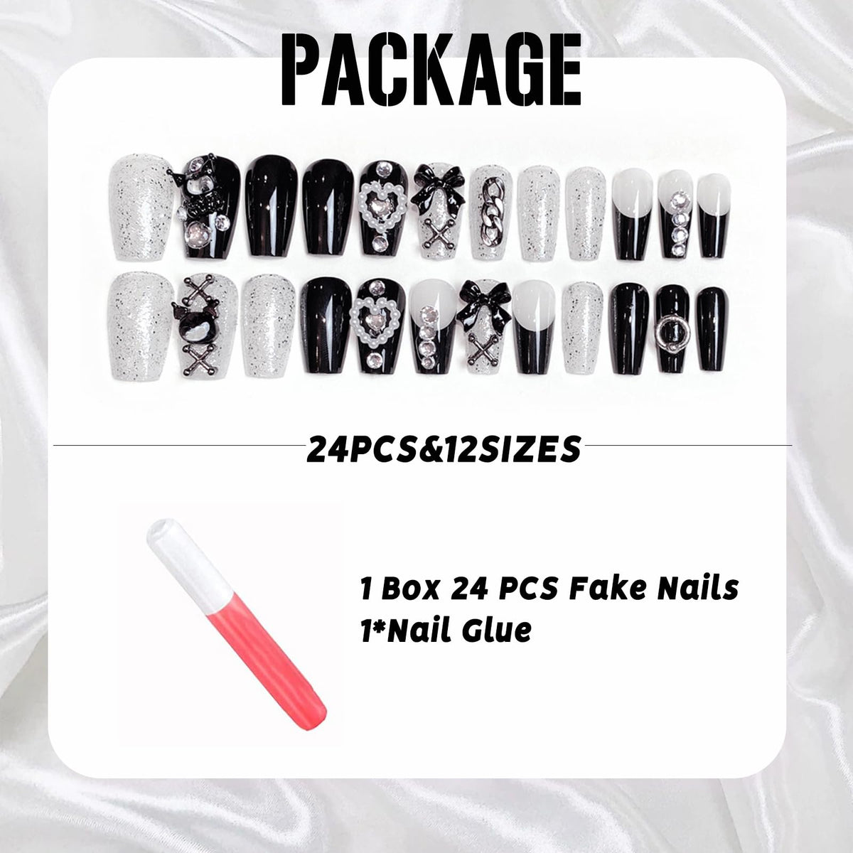 IMSOHOT Black Press on Nails Medium Coffin Fake Nails French Glossy Full Cover Y2K Bow & Rhinestone Designs Handmade Artificial Stick on Ballerina Nails for Women Girls 24Pcs