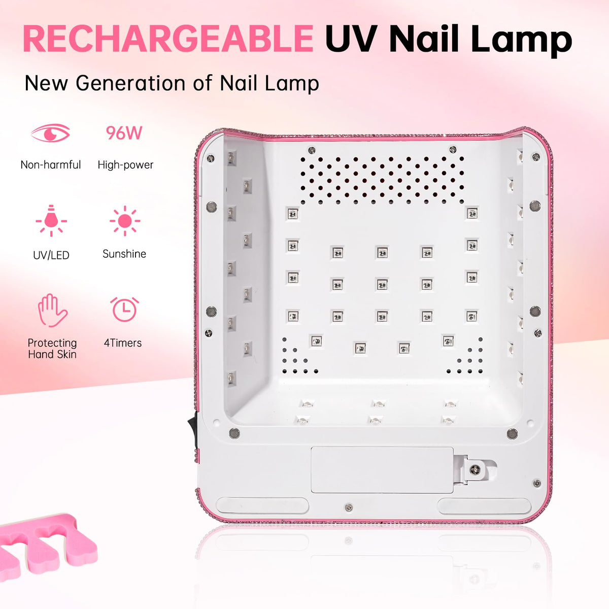 CHRISTINE SHELLY UV Nail Lamp,96W UV Light for Gel Nails, Cordless Nail Light,Rechargeable Nail Dryer, Touch Control & Auto Sensor,Fast Curing Manicure for Salon & Home (Pink Diamond)