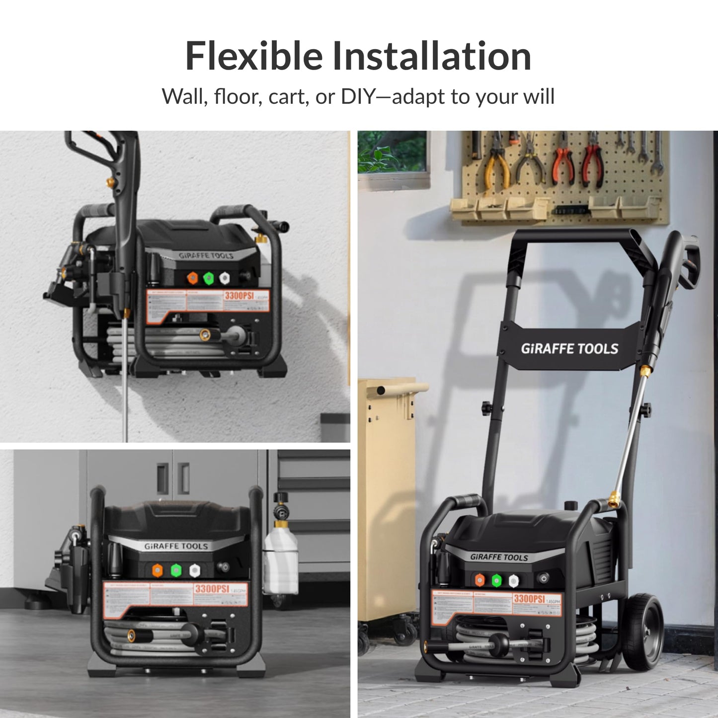 Giraffe Tools Crossfalls Retractable Pressure Washer Max, 3300PSI, 1.45GPM, 1800W Induction Motor, Wall Mounted Electric Power Washer with 50ft Pressure Hose, 4-Nozzles, Foam Cannon, Automatic Rewind