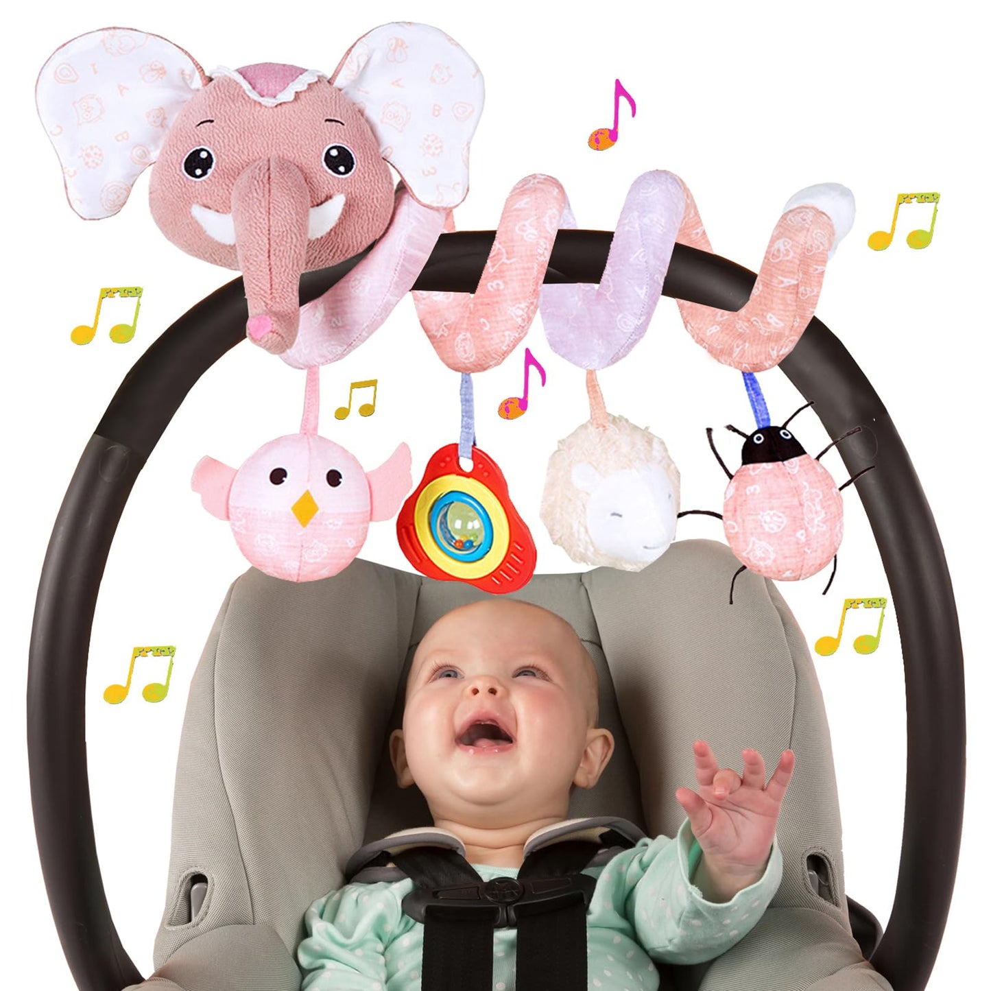 Musical Owl Rattle Sheep Pink Elephant Car Seat Toys for Babies 0-6 Months, Hanging Stroller Toys for Baby Girls 3-6 Month, Newborn Girl Infants Baby Birthday Gift Toy 0-12 Months