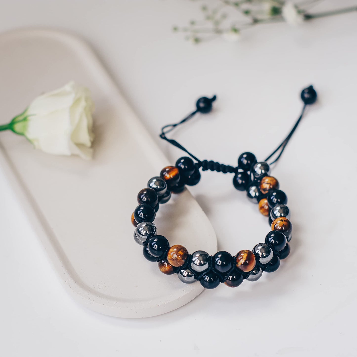 Crystal Vibe 8mm Triple Protection Bracelet - Beaded Bracelet with Natural Stones of Tiger Eye, Hematite, Black Obsidian - Elastic Adjustable Crystal Bracelet for Anxiety Relief, Spiritual Healing