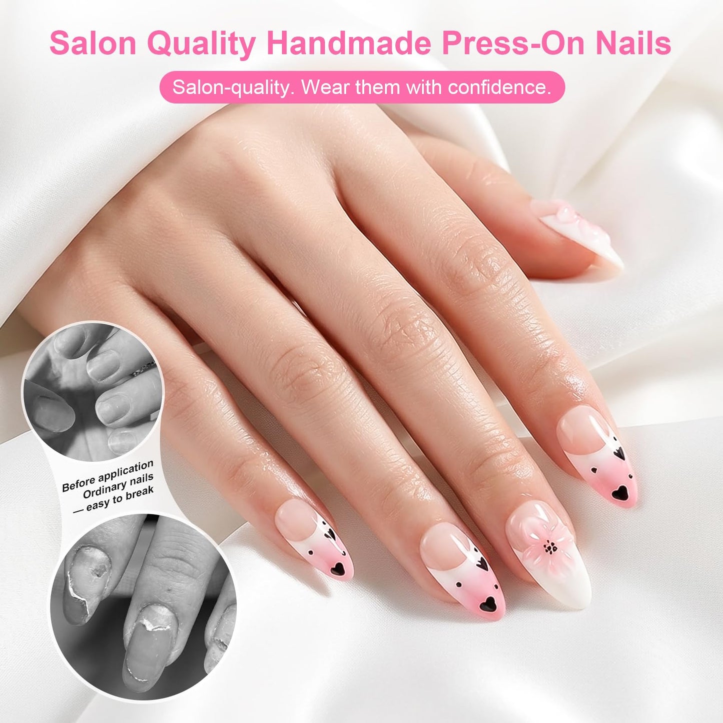LTXHZYYL Handmade Press on Nails Almond Fake Nails With 3D Floral & Heart Design Reusable Full Cover Hand made Nails Kit – Luxury Pink Medium French Tip Glossy Acrylic for Women