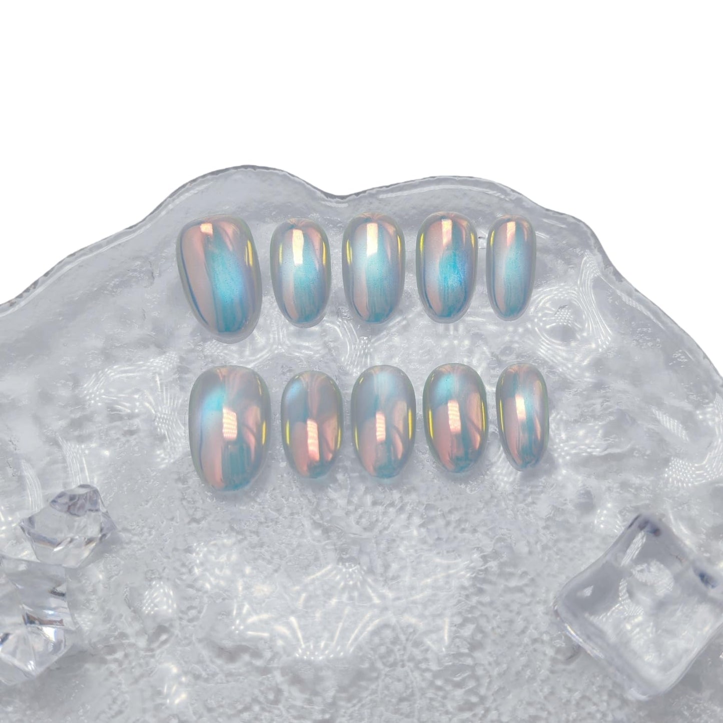 Cat Eye Press on Nails Handmade Short Oval/Square/Round False Nails with French Tip/Aurora/Magnetic Shimmer Designs (Aurora#Bubbles M)