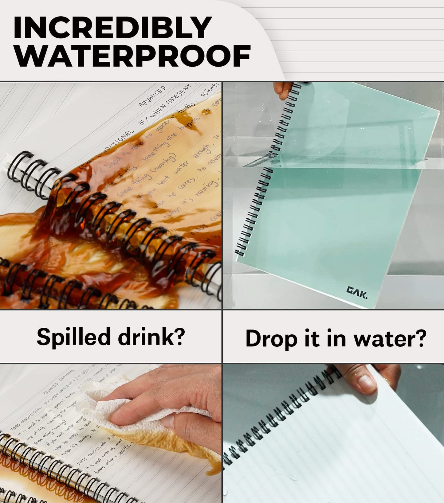 GAK. Stone Paper Waterproof Sheet Spiral Notebook (M Size) – 5.8”x8.3”, 50 sheets, Stone Paper Notebook Journal Note Taking - Waterproof Notepad College Ruled Paper Black Notebook Aesthetic School