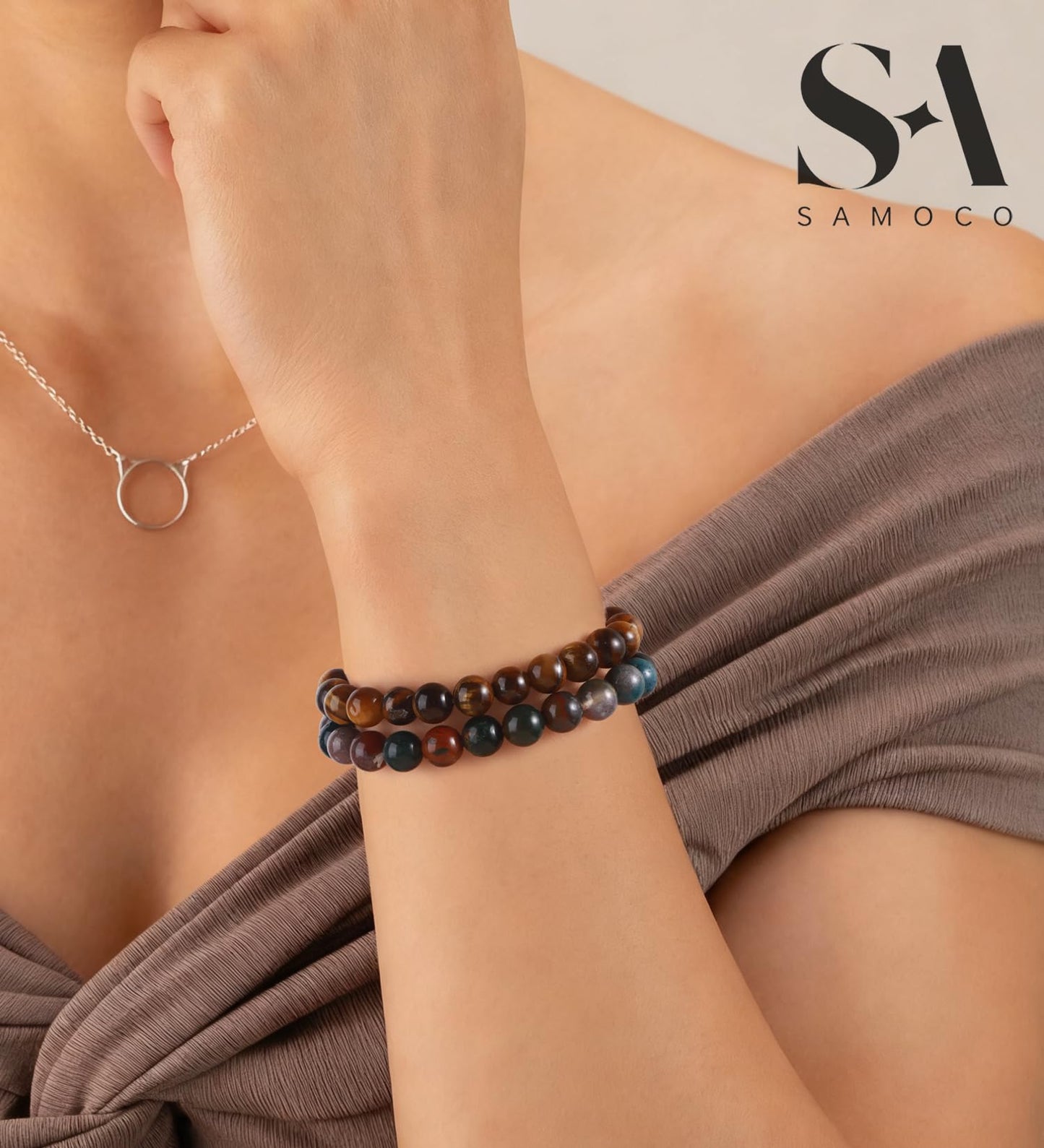 SAMOCO 16Pcs Natural Healing Crystal Bracelets for Women Men Semi-Precious Gemstone Beaded Bracelets Round Beads Gemstones Stretch Yoga Bracelet