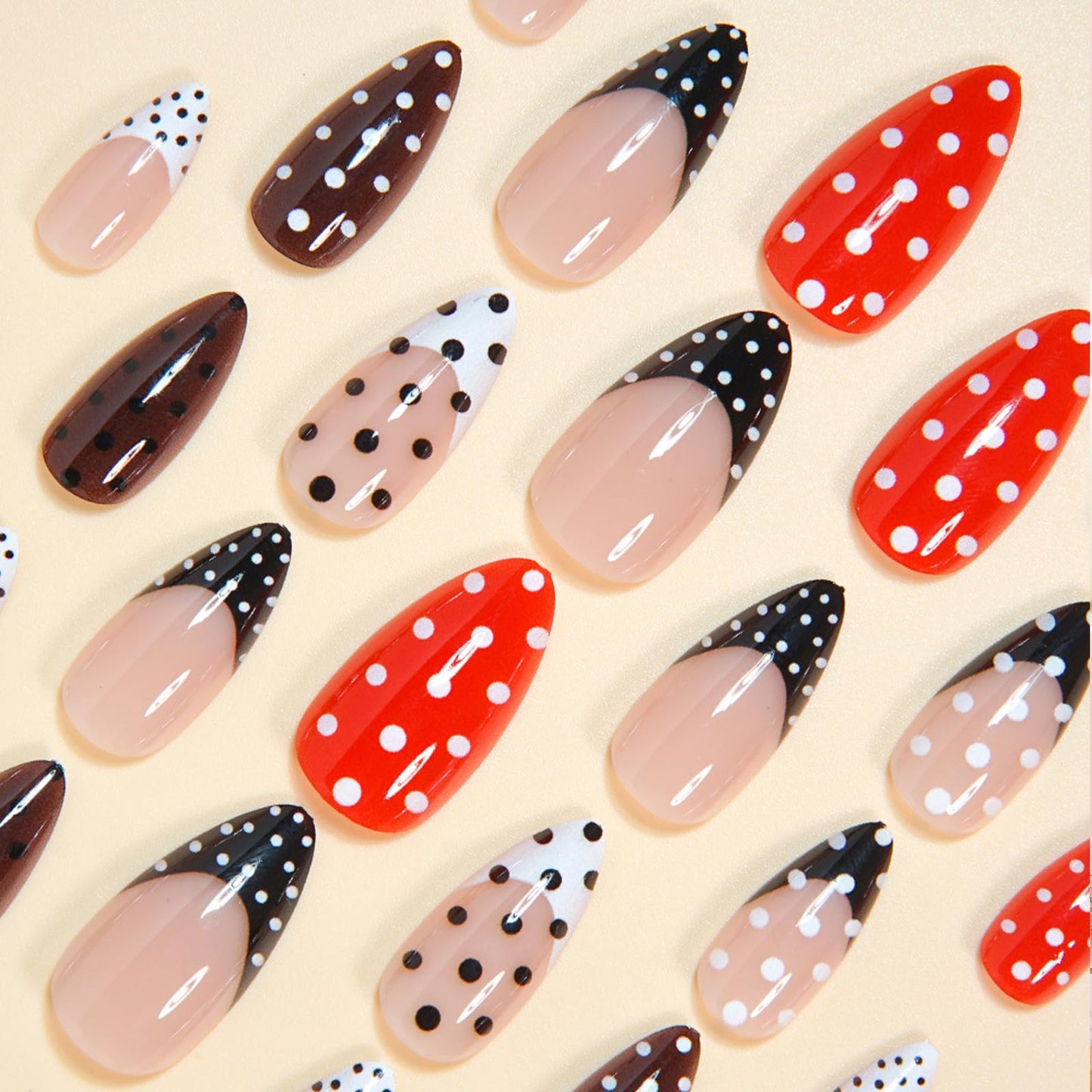 IMSOHOT Polka Dot Press on Nails Almond Medium Fake Nails Red Black French Tip False Nails Full Cover Y2K DIY Artificial Glossy Glue on Nails for Women Girls 24Pcs
