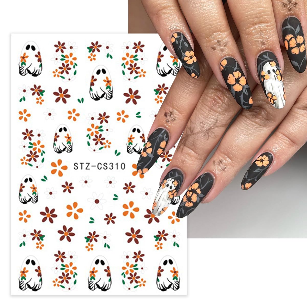 8 Sheets Halloween Nail Stickers 3D Self-Adhesive Horror Mushroom Nail Art Stickers Cat Flower Spider Pumpkin Nail Design Cute Ghost with French Tip Gothic Nail Decals for Women Manicure Salon