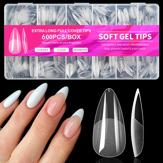 AddFavor 600pcs Almond Nail Tips Medium Fake Nails - Soft Gel Nail Tips Almond Shape Clear Acrylic Nails Tips for Nail Extensions, 12 Sizes Gel Nails Press ons Manicure Salon Home DIY