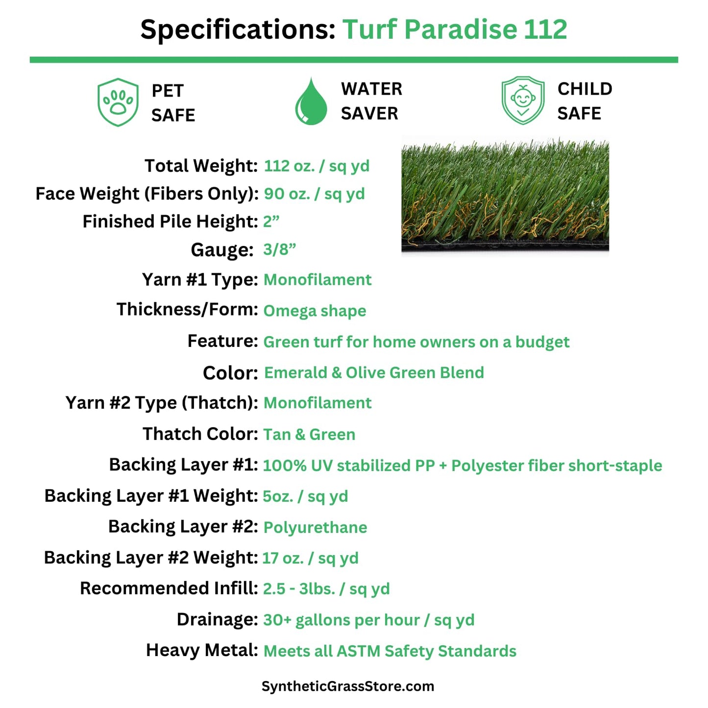 The Synthetic Grass Store Realistic Artificial Turf Roll - Turf Paradise 112 - Use for Lawn, Patio, Camping - 15x21 FT