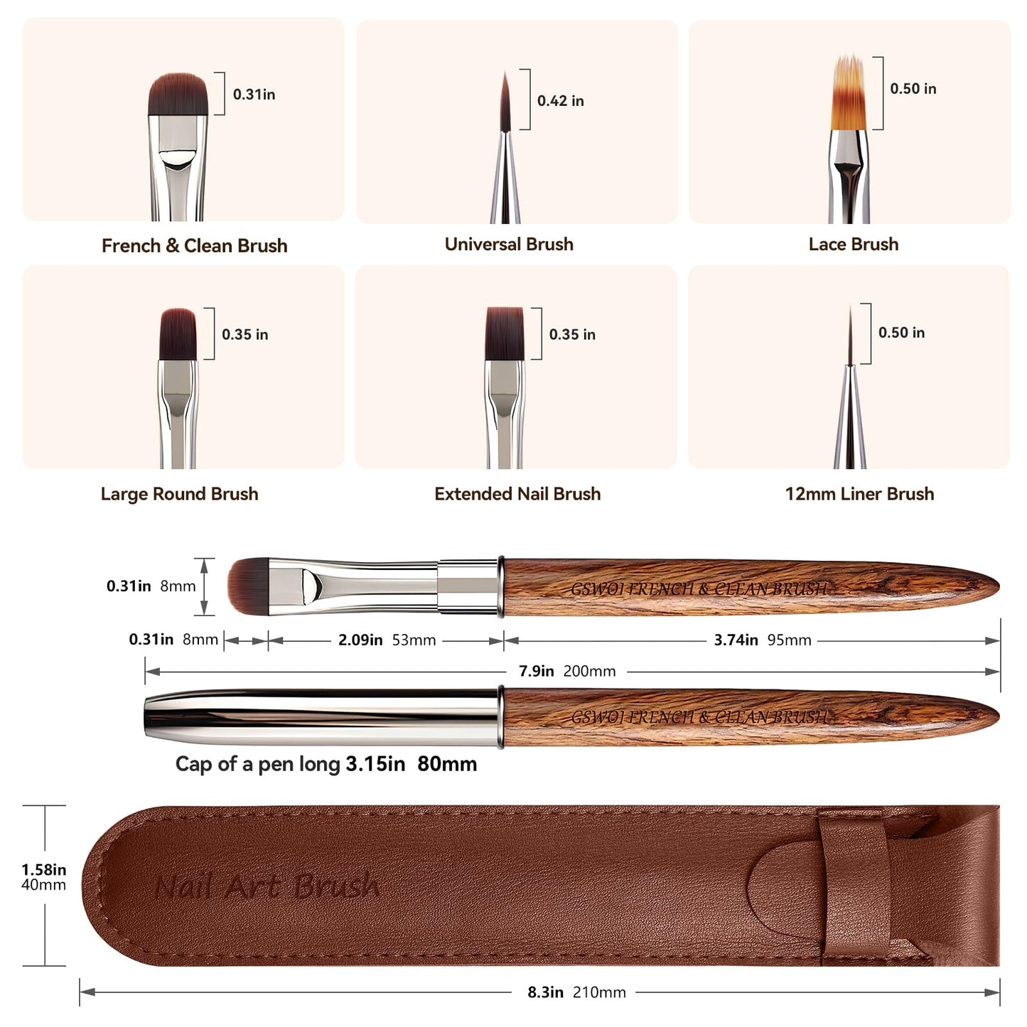 Nail Brush for French Tips and Clean Up | Gel Polish Brush with Wooden Handle & Storage Pouch (French Tip Brush（F18）)