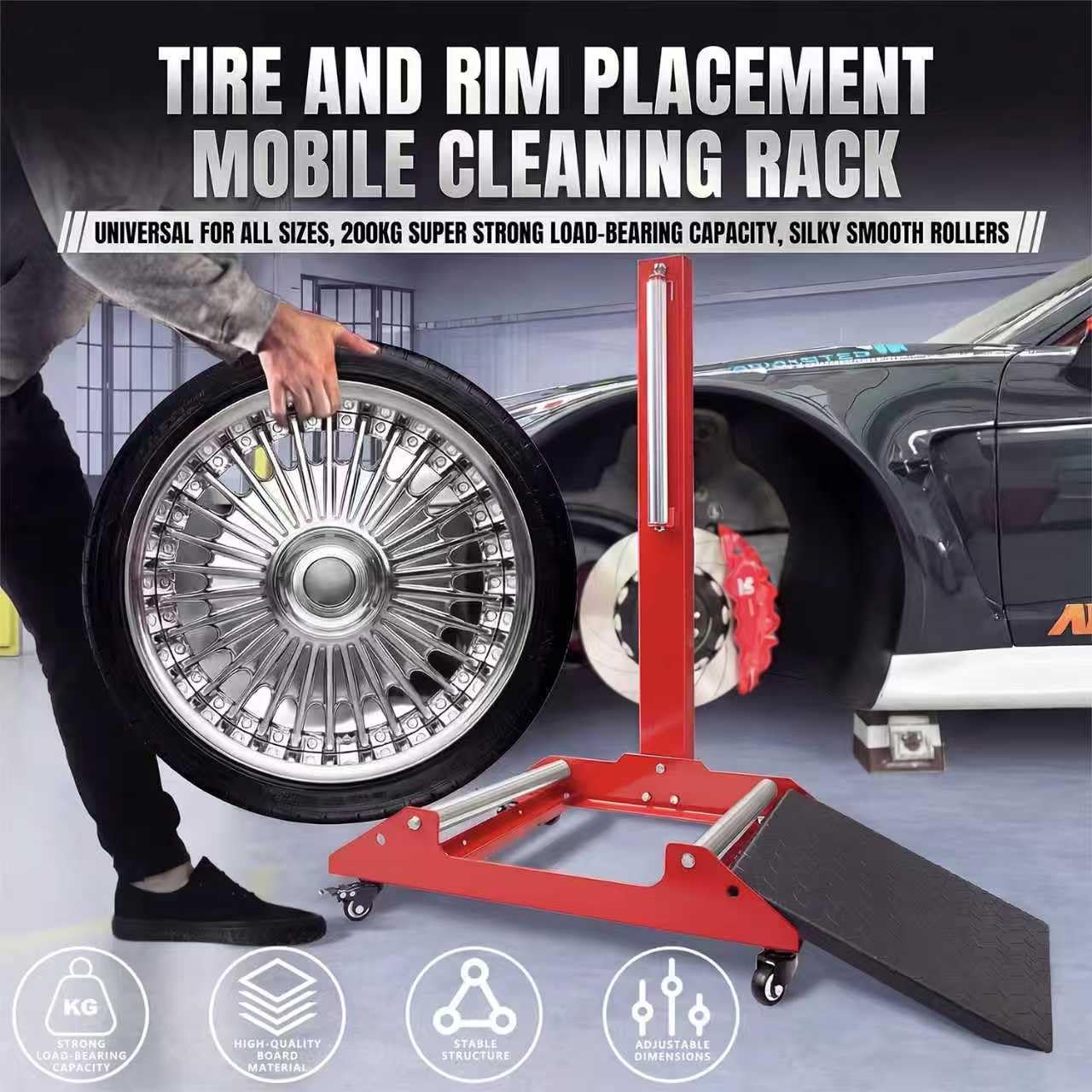 DESEQPT Upgraded Rolling Wheel Detailing Stand – Heavy-Duty Tire Cleaning and Polishing Roller with Wheels Handle Ramp and 3-Way Rotating Rollers for Ceramic Coating, Tire Shine, Car Wheel Wash
