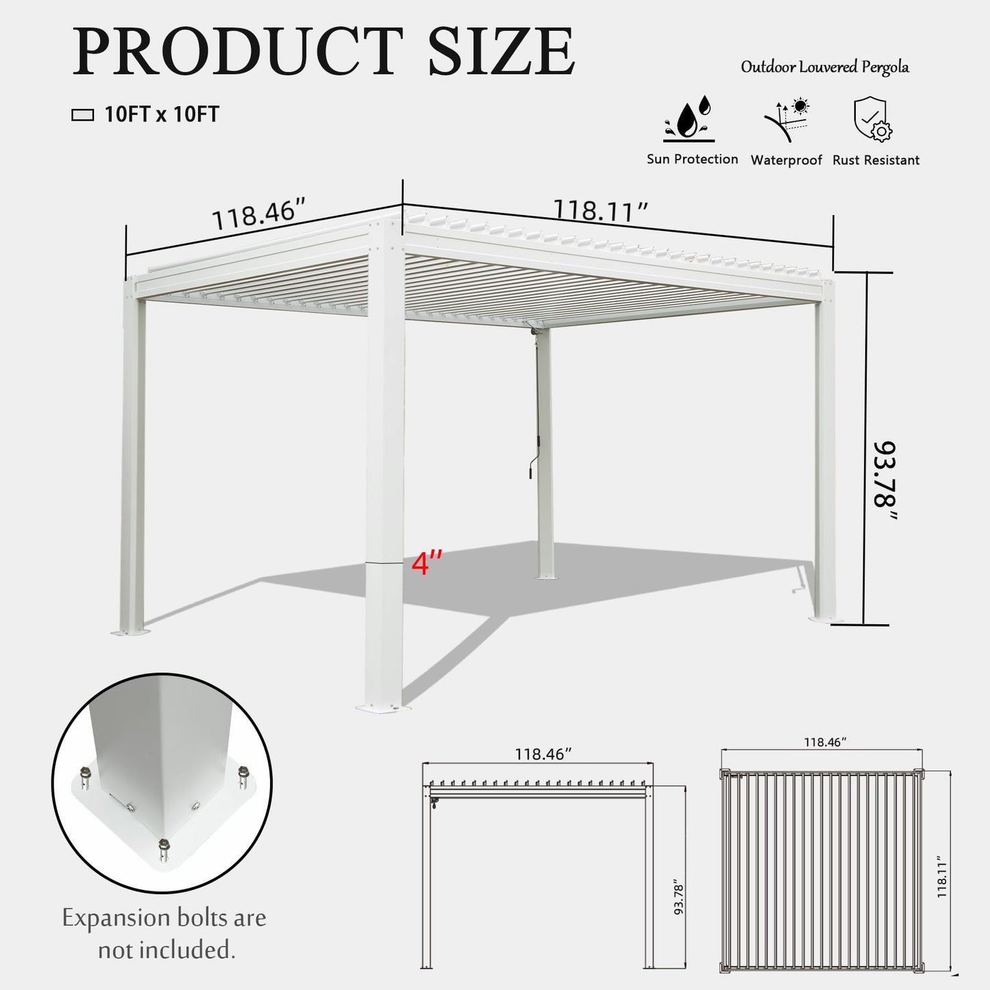 Domi Outdoor Louvered Pergola 10x10FT with Adjustable Steel Roof, Outdoor Aluminum Frame Rainproof Pergola for Backyard, Garden and Lawn,White