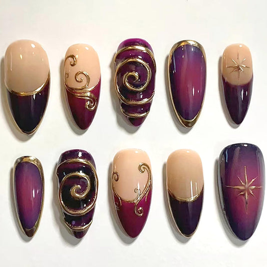 24Pcs French Tip Press on Nails Medium Almond with Irregular 3D Gold Line Purple Night Starlight Design French Style Manicure Glossy False Nails Full Cover Artificial Glue on Stick on Nails for Women