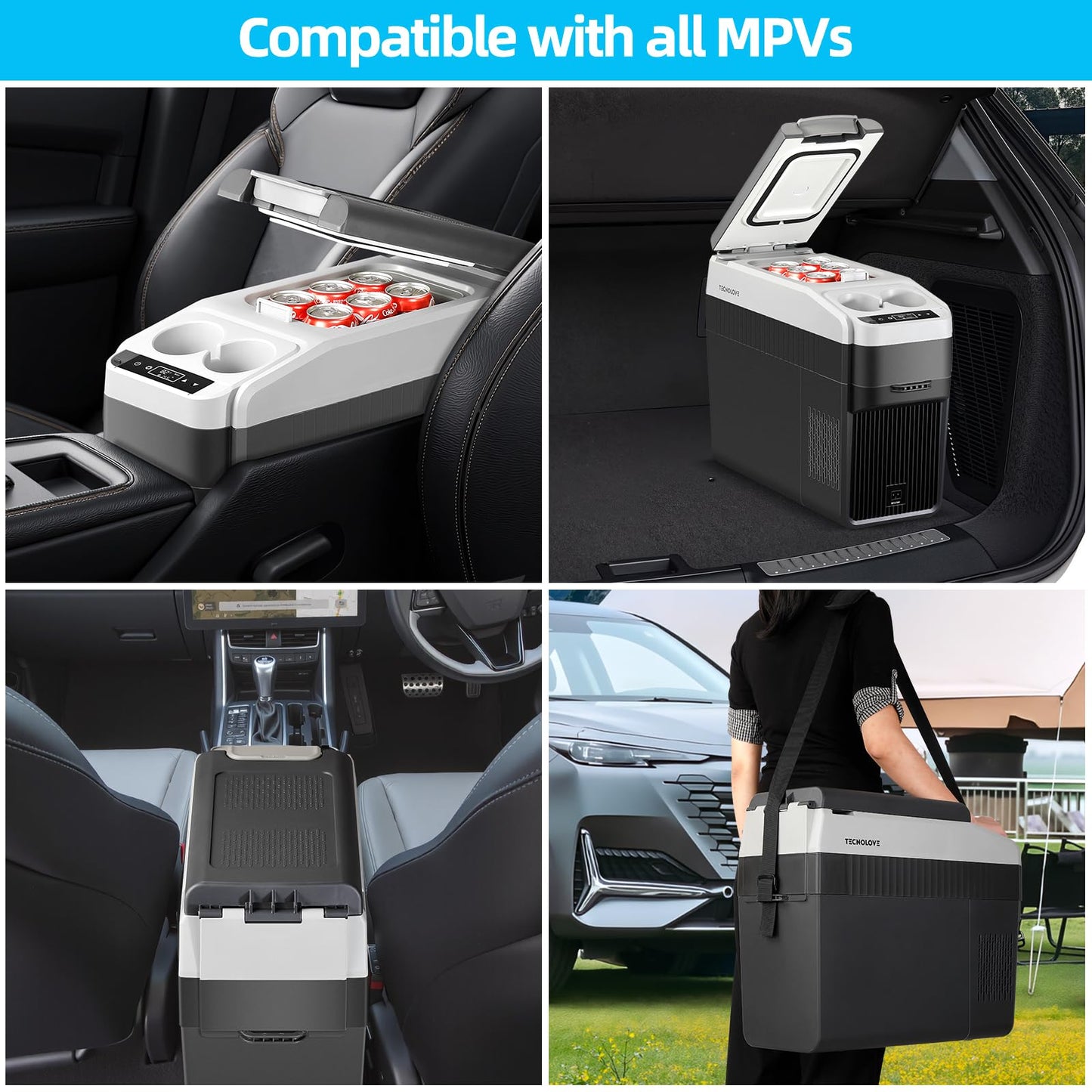 Tecnolove 12 Volt Center Console Fridge, Car Refrigerator 19QT (18L) Cooler (-4℉–50℉), Car Refrigerator, Portable Electric Cooler with 12/24V DC&110V AC for MPV Van