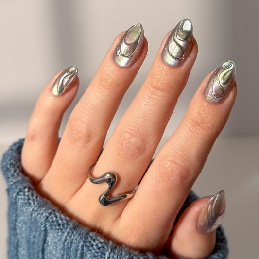 Glamnetic Press On Nails x Harry Potter™ - Unicorn Blood | Short Almond Fake Nails with Silver Chrome & 3D Swirl Design, Salon Quality Officially Licensed | 15 Sizes - 30 Nail Kit with Glue