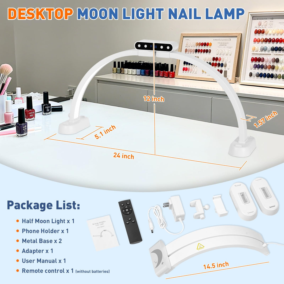 KIRKAS 24inch Large Half Moon Light for Nail Tech, 456 LEDs 3 Color Modes Infinitely Knob Arch Nail Light with Screen and Phone Holder Charging Function, Foldable Lighted Lamp for Manicure,Craft-White