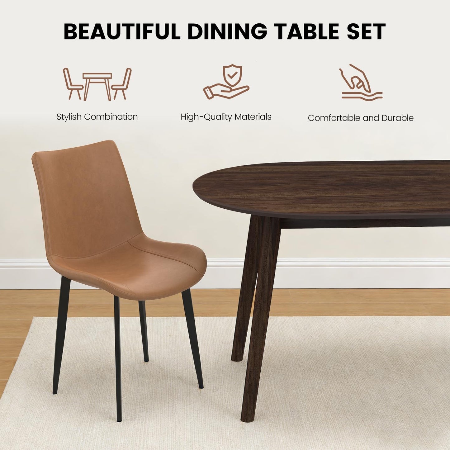 domusdisn 63" Oval Dining Table Set for 4, 5 Piece Modern Dining Table Set for Kitchen and Dining Room Furniture, Solid Wood Legs Dining Table with 4 PU Leather Chairs（Walnut Table+4 Brown Chairs
