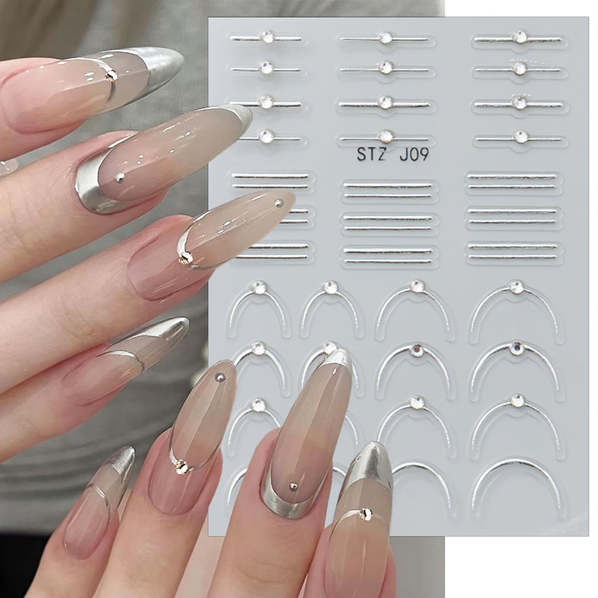 2 Sheets French Tip Nail Stickers for Nail Art Gold Silver French Nail Art Stickers with Crystal Diamond 5D Self-Adhesive Nail Supplies Embossed Line Nail Decals for Women DIY Manicure Decoration