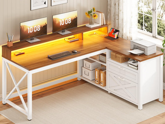 SEDETA Farmhouse L Shaped Desk, 55" Home Office Desk with Drawers and Storage Shelves, L Shaped Gaming Desk with LED Lights, Power Outlet and Monitor Shelf, Brown