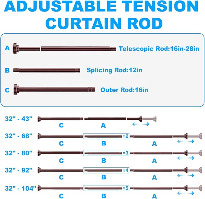 TEECK Shower Curtain Rod, 32-68 inch Adjustable Spring Tension Curtain Rod, Never Rust Anti-Slip Shower Curtain Rod for Bathroom, No Drilling, Never Collapse, Easy to Use, Brown