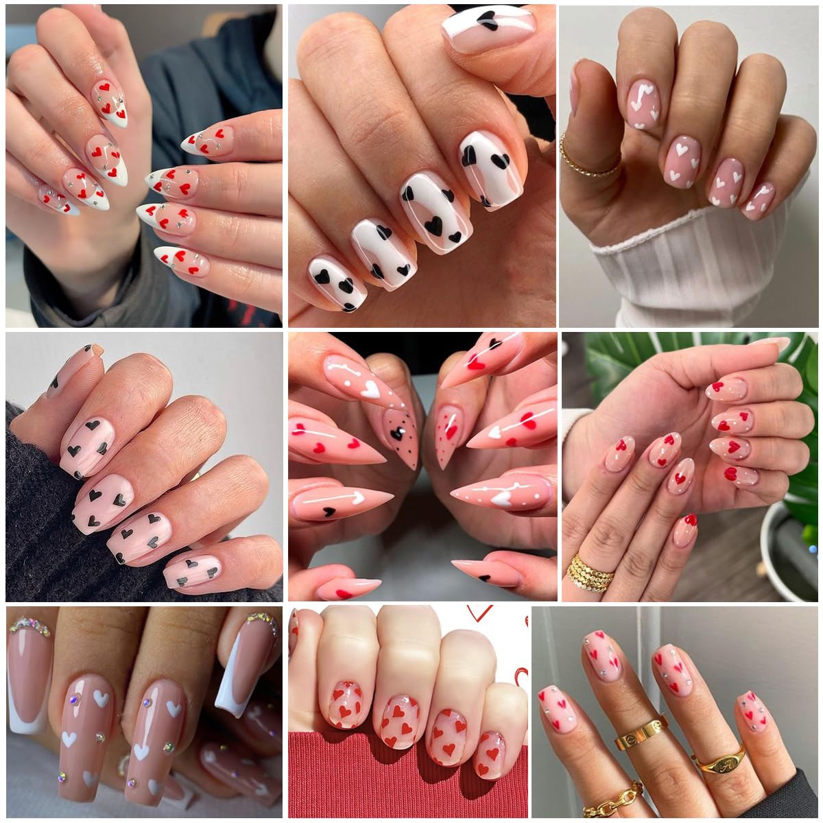 Heart Nail Stickers -Valentine's Day Nail Art Supplies Heart Nail Decals for Women - 3D Self Adhesive Heart Nail Art Sticker - Heart Love Black Red White Nail Designs DIY Valentine Manicure Decor 6PCS