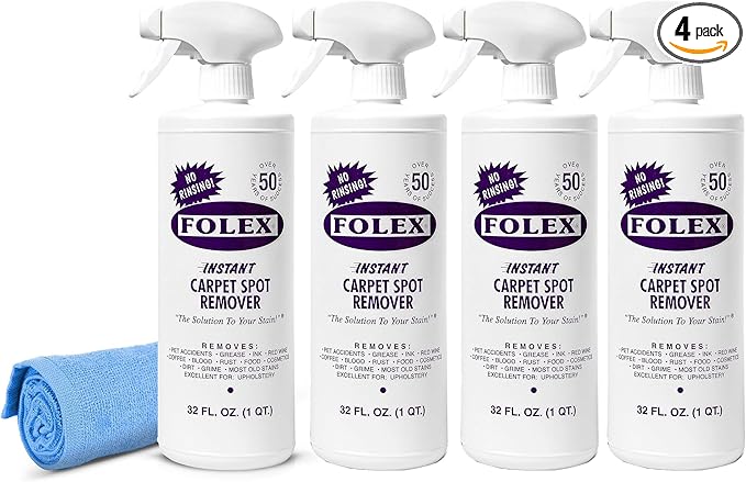 FOLEX Instant Carpet Spot Remover 32 oz â Powerful Stain Remover for Carpets, Upholstery & Rugs â Eliminates Pet Stains, Grease, Red Wine, Food, Makeup & More â With Reusable Cleaning Cloth - 4 Pack