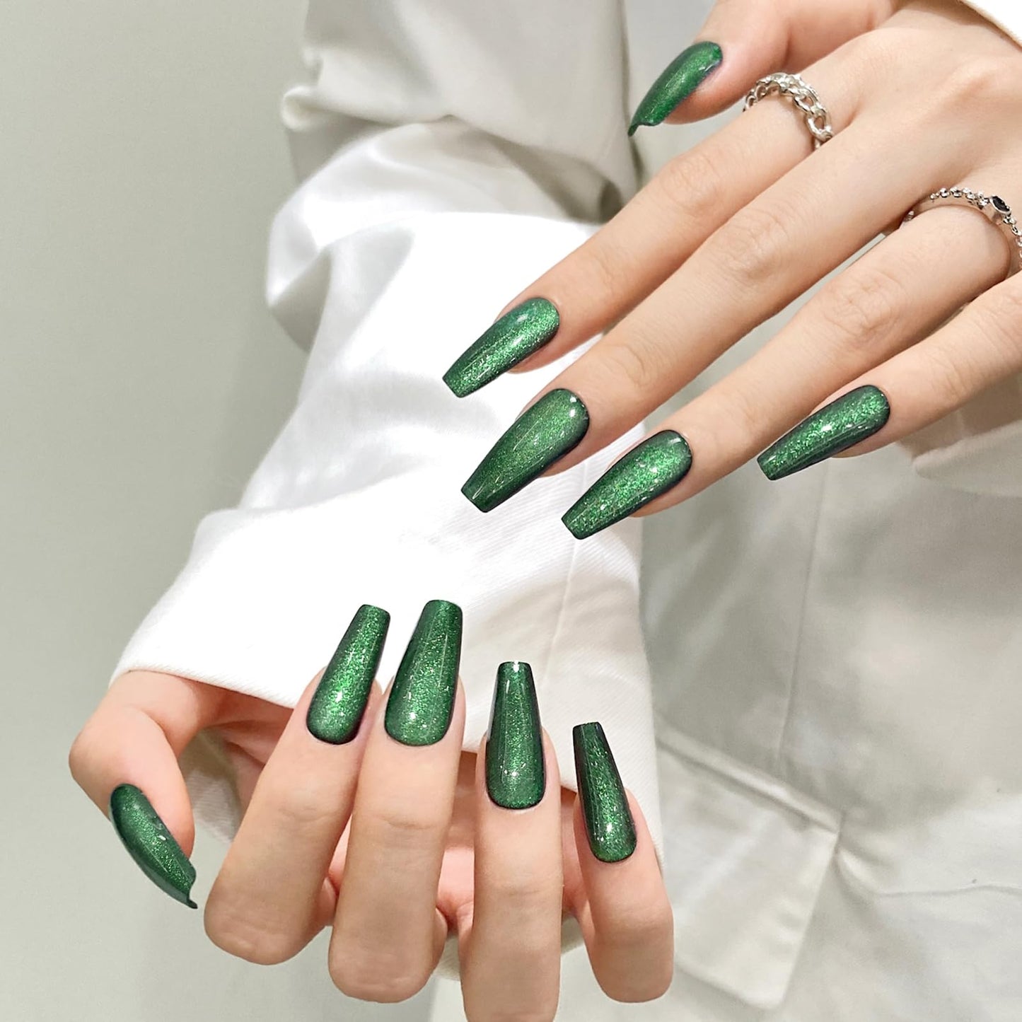 Dark Green Cat Eyes Press On Nails,12 Sizes - 24 Pcs Soft Gel Green Medium Coffin Fake Nails Kit with Nail Glue, Natural Reusable Stick On False Nails for Women and Girls SK0998