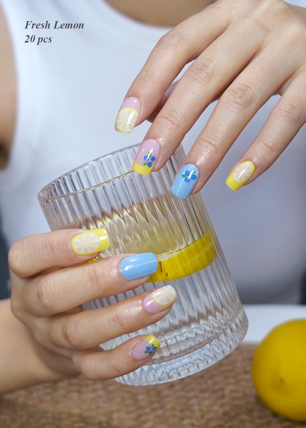 AutyaMee Semi Cured Gel Nail Strips (Fresh Lemon), 20 Pcs Gel Nail Wraps, Stickers, Salon Quality, Blueberry, Summer, Works with Any UV Lamps
