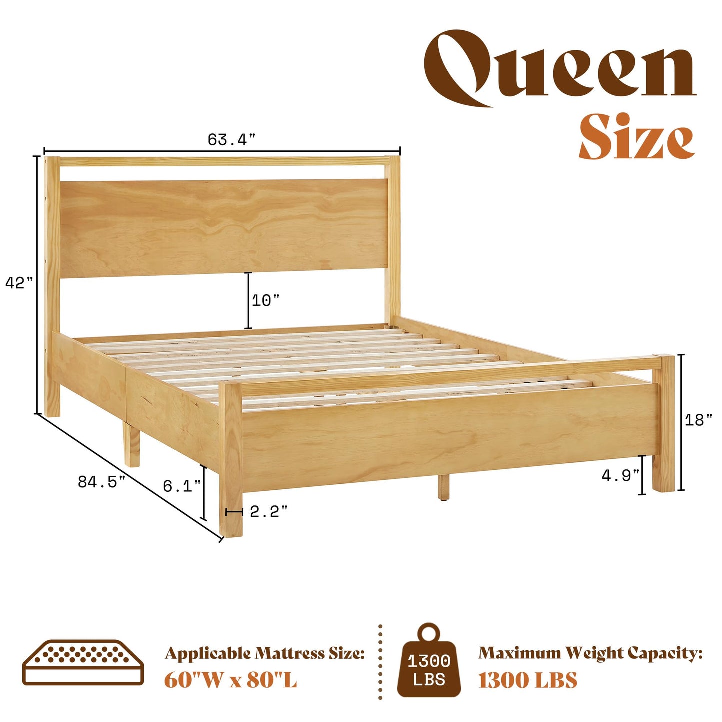 AMERLIFE Queen Size Solid Wood Bed Frame with Headboard, Minimalist Platform Bed with Wood Slats Support/No Box Spring Needed/Easy Assembly/Noise-Free, Natural