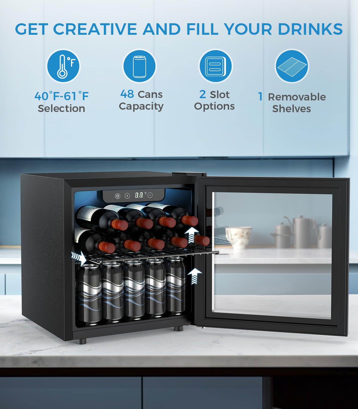 Electactic 48 Can Beverage Refrigerator Mini Fridge Cooler Glass Door for Beer Soda or Wine, Small Drink Cooler Machine LED Temperature Control for Bar Home, Office 1.3CUFT
