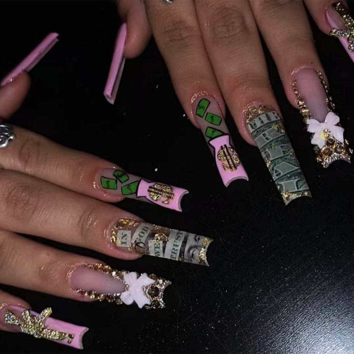 IMRAIN Long Square Press on Nails Pink French Tip Fake Nails with Designs Gold Charms & Rhinestone False Nails Glossy Glue on Nails Artificial Extra Long Nail Supplies 24Pcs