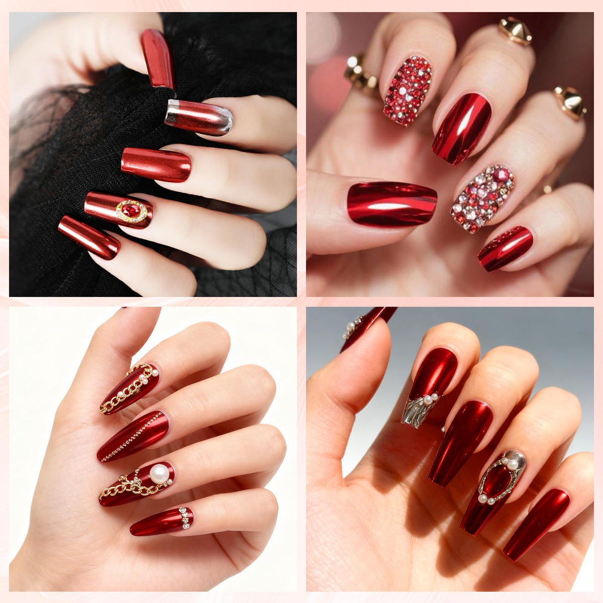 FNNZ Chrome Nail Powder, Red Metallic Nail Powder Pigment Premium Mirror Effect Salon Nail Art Glitter Dust for Valentines Gel Polish Decoration Home DIY Nail Manicure Supplies