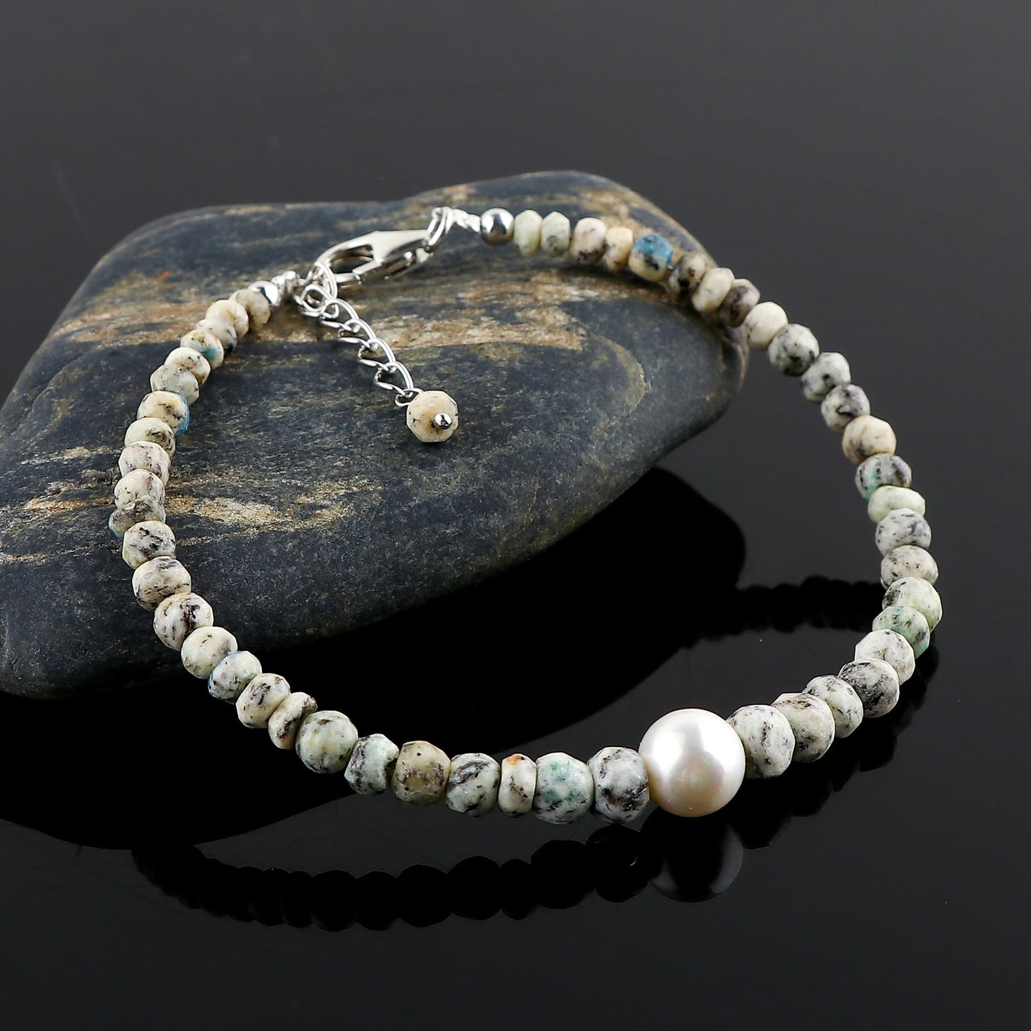 CRYSTALIS Natural K2 Jasper Beads Adjustable Bracelet with Elegant Pearl, High Grade Gemstones, Chakra Healing Stones, Gift Giving Jewelry, 925 Sterling Silver Womens Bracelet 8 inch