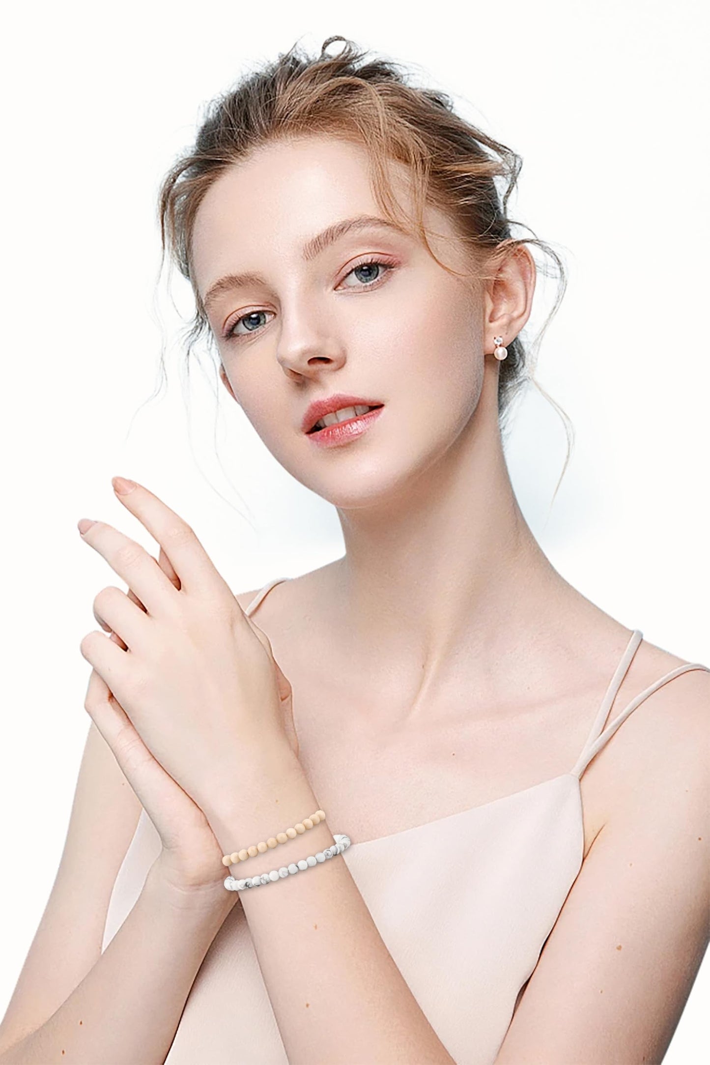 NCB 2-Piece 4mm Natural Crystal Gemstone Stretch Bracelets – ﻿Howlite, White Fossil Jasper Handmade Reiki Energy Healing Jewelry for Meditation,Yoga, Unisex