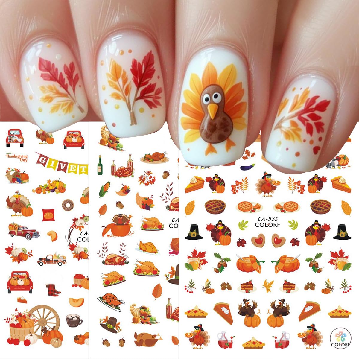 6 Sheets Fall Nail Stickers for Nail Art 3D Cute Turkey Pumpkin Nail Art Stickers Autumn Maple Leaf Sunflower Design Thanksgiving Nail Decals Nail Art Supplies for Women Acrylic Manicure Decoration