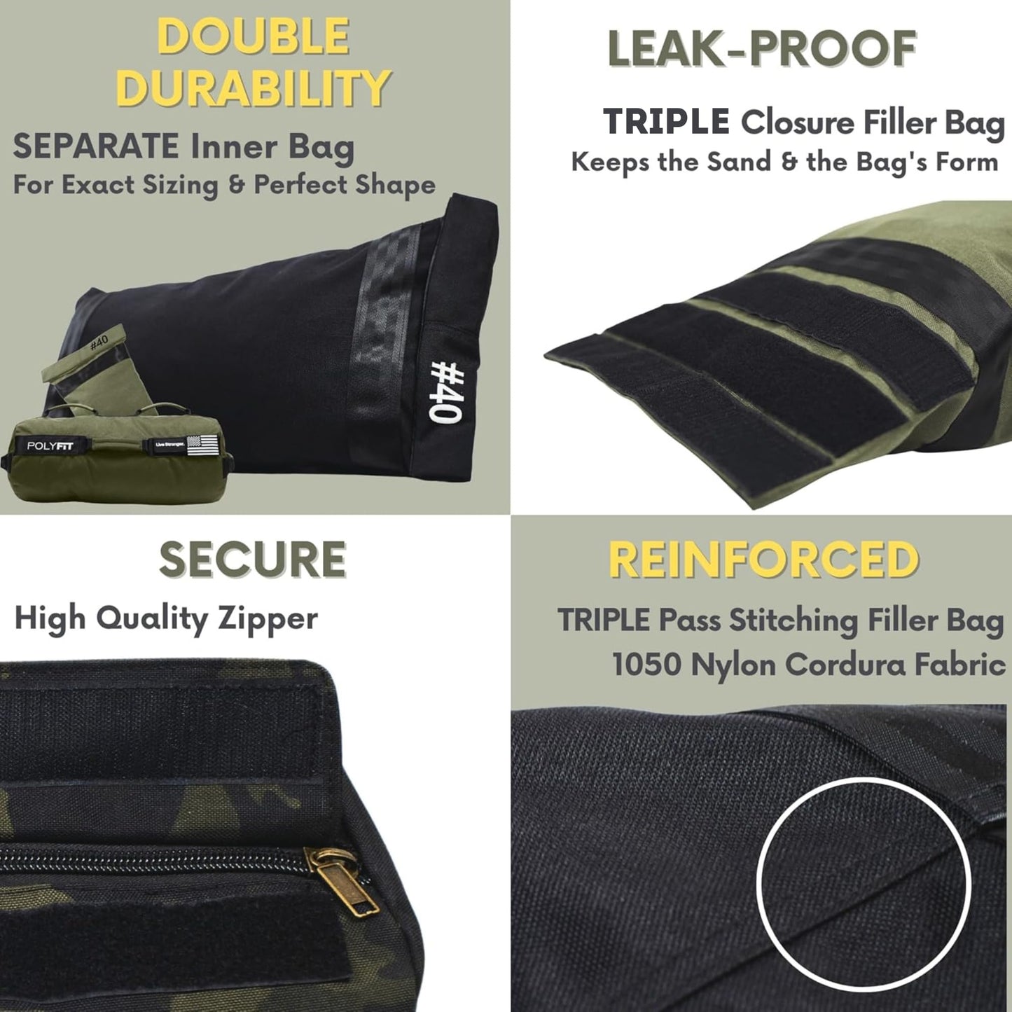 Polyfit Sandbag Pro - Workout Sandbag with Triple Closure Filler Bag and Reinforced Nylon Webbing - Black - 40LB