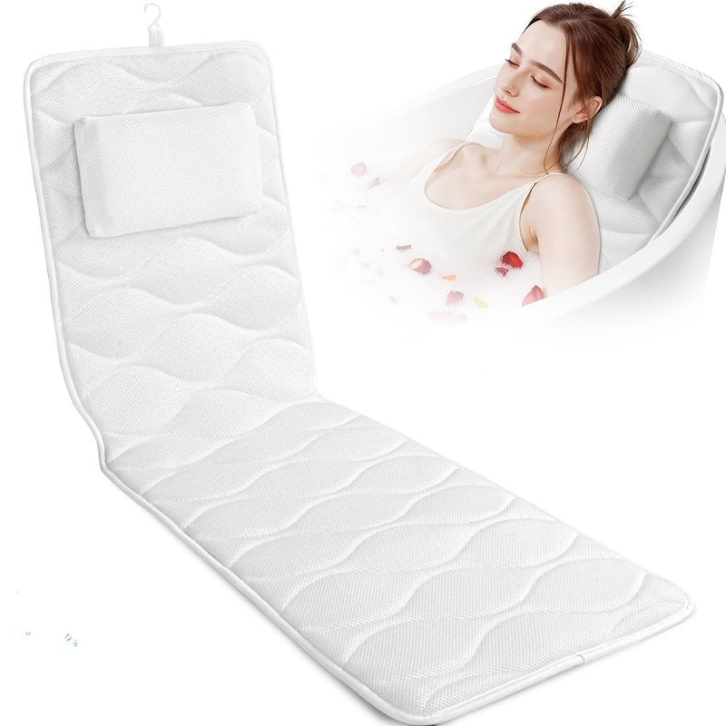 TranquilRelax Bath Pillow for Tub with Laundry Bag & 17 Non-Slip Suction Cups, Extra Thick and Soft Bathtub Pillow for Head, Neck & Shoulder Support, 56" x 16" White
