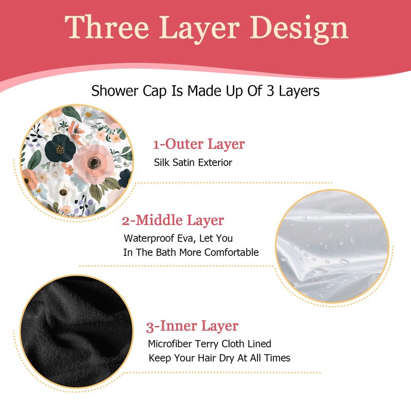 Deokke Luxury Shower Cap Terry Lined Elastic Triple Layer Waterproof Reusable Dry Hair Bathing Caps Aesthetic Cute for Women Girls-Flower