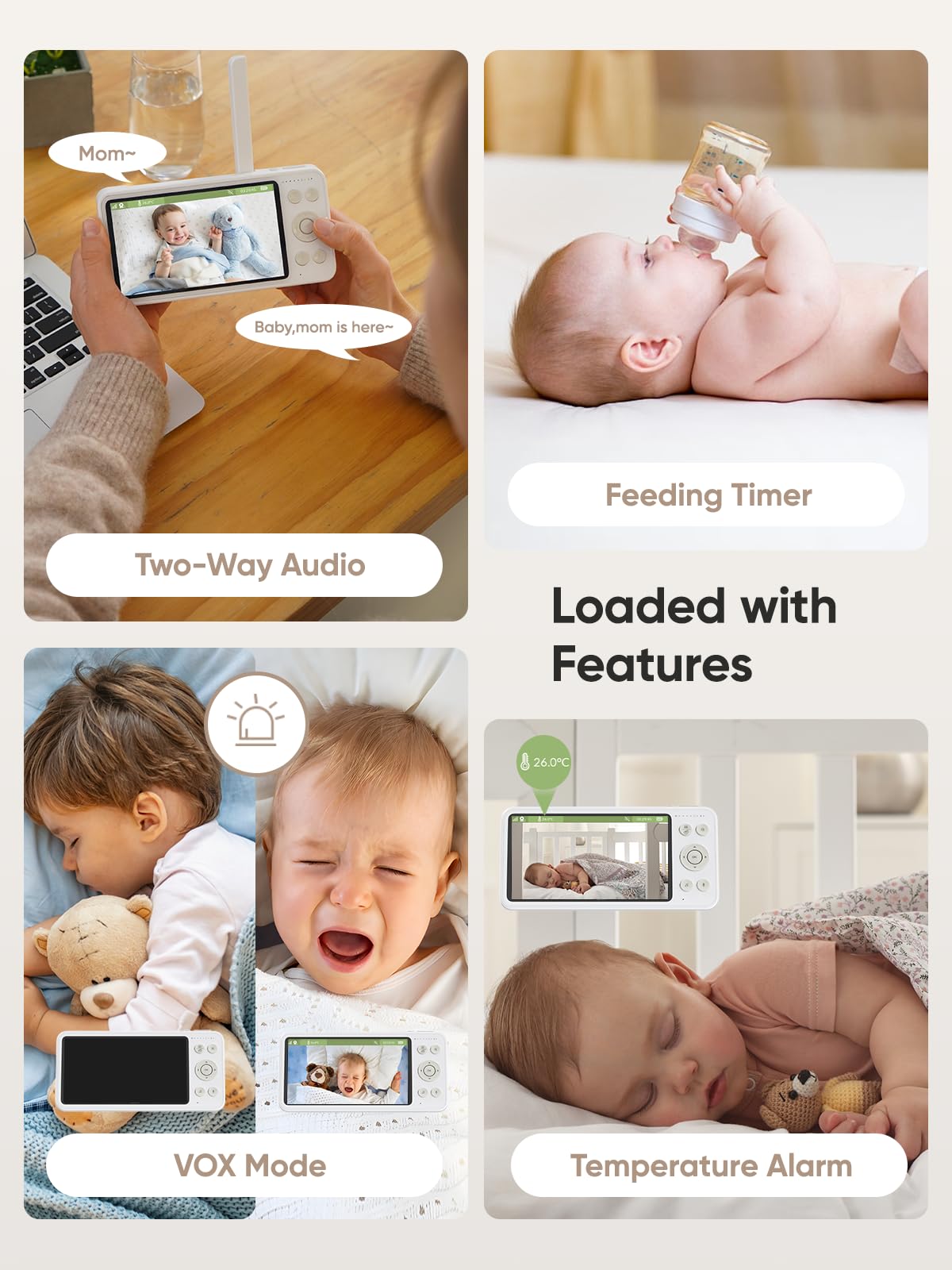 bonoch 5.5" 1440p Baby Monitor with Camera and Audio, No WiFi Baby Camera, 240h Lasting, Smart Detect Sleep Turn Over/Cry/Motion, 7800mAh, Hack Proof Video Monitor, Built-in Sound Machine White Noise