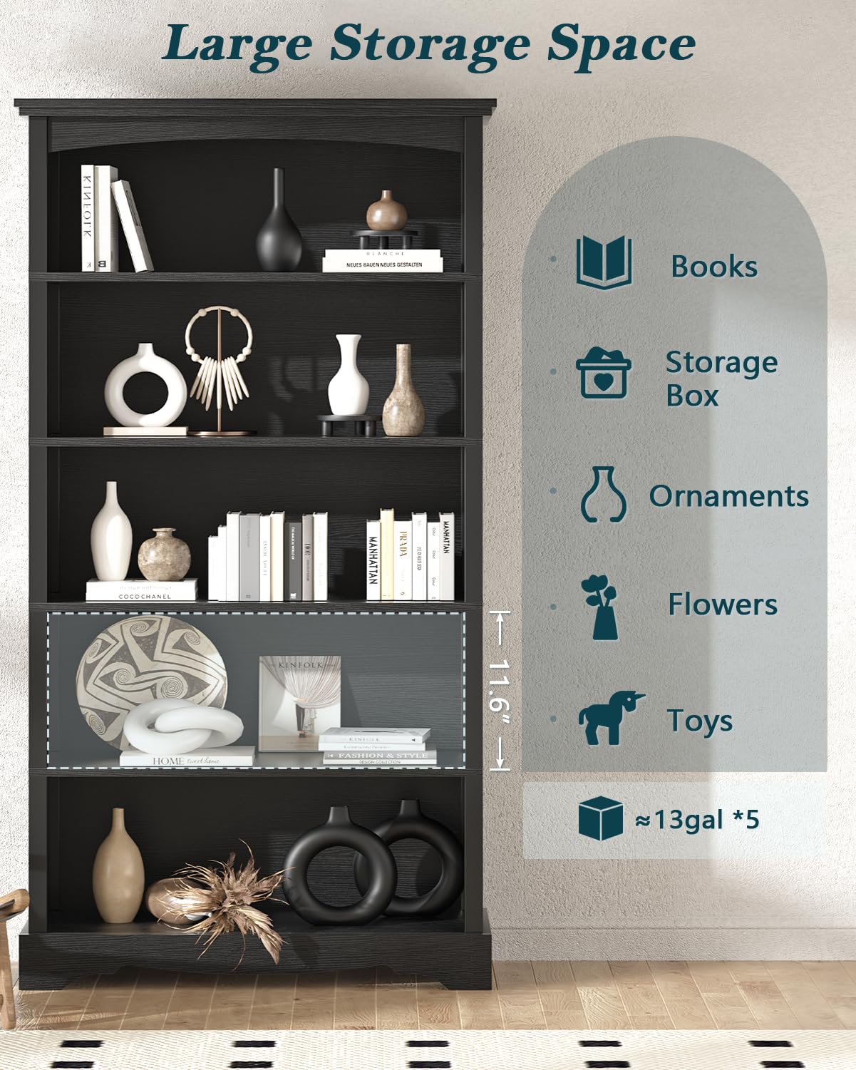TVU 5-Tier Wooden Bookshelf, 65 Inch Tall Bookshelf with Storage, Floor Standing Modern Style Display Bookcase for Living Room, Office, Study Room, Entryway, Black