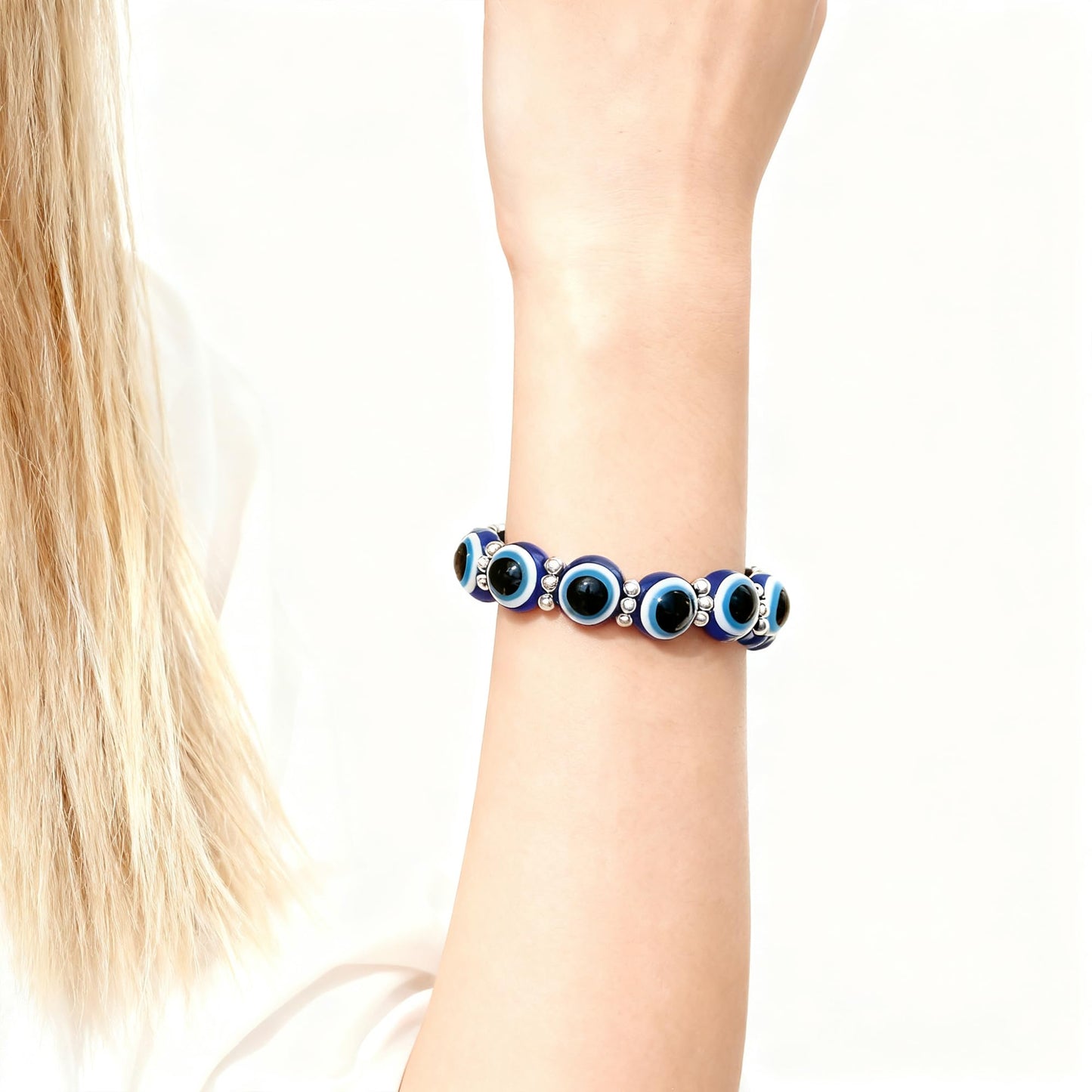 Cryhand Female 8mm Beaded Bracelets For Women 2PCS Evil Eyes Bracelet for Men Handmade Lucky Money Stretchy Crystal Bracelets Best Gifts